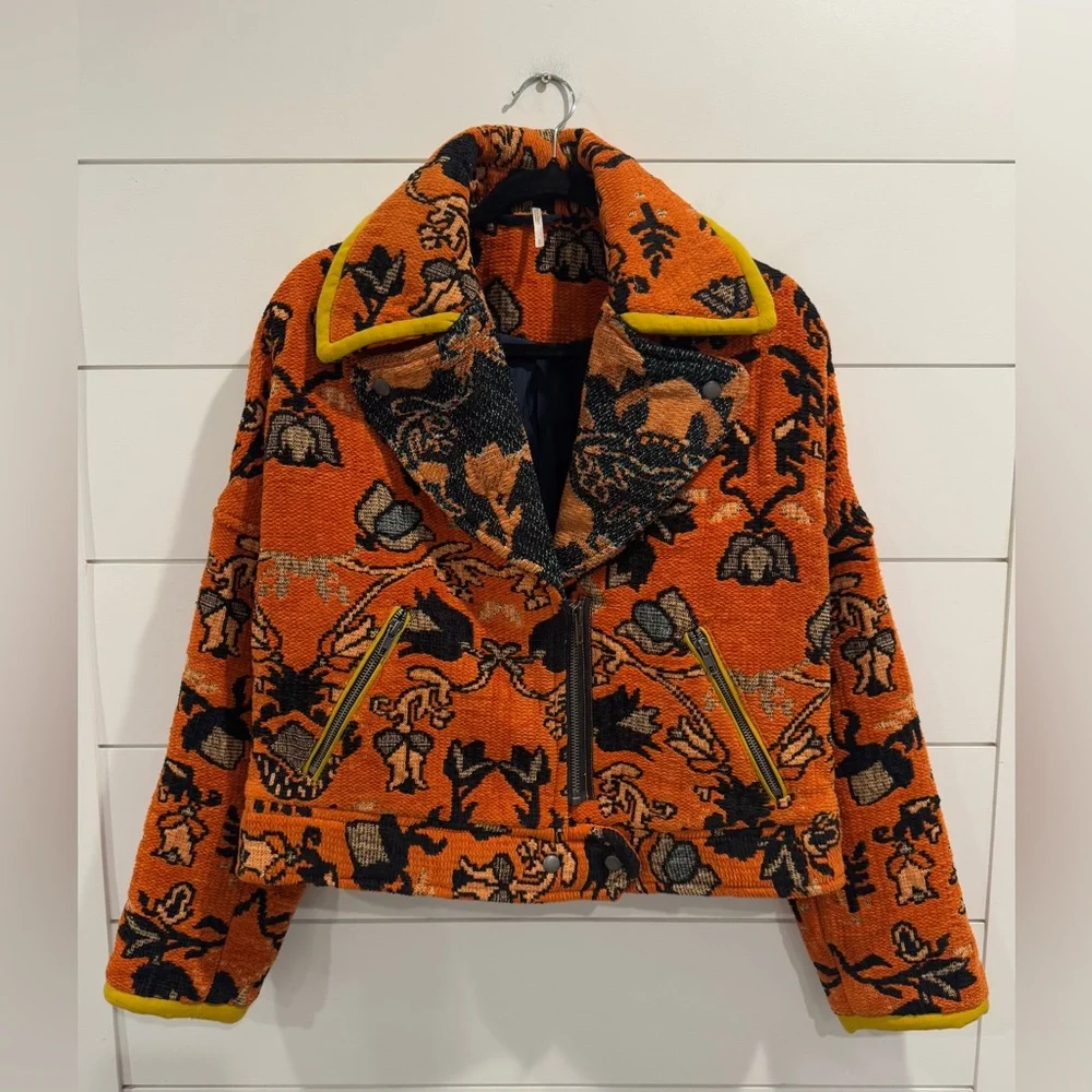 Free People Mosaic printed Boxy Moto Jacket in Orange - Picture 4 of 8